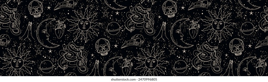 Seamless pattern with mystical elements. Set of linear vector illustrations. Celestial illustrations depicting the sun, moon, planet. design elements for decoration in a modern style.Gothic pattern. 