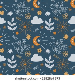 Seamless pattern with mystical and esoteric elements. Vector graphics are perfect for wallpapers, wrapping paper, for designing prints on textiles, clothes, mugs pillows