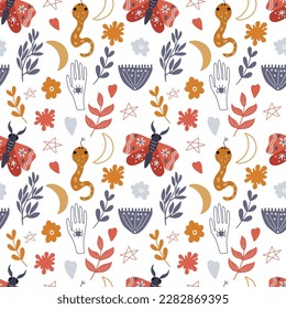 Seamless pattern with mystical and esoteric elements. Vector graphics are perfect for wallpapers, wrapping paper, for designing prints on textiles, clothes, mugs pillows