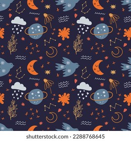 Seamless pattern with mystical and esoteric elements. Vector graphics on a dark blue background, perfect for wallpaper, wrapping paper, for designing prints on textiles, clothes, mugs, pillows.