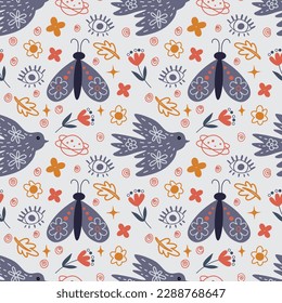 Seamless pattern with mystical and esoteric elements. Vector graphics on a blue background, perfect for wallpaper, wrapping paper, for designing prints on textiles, clothes, mugs, pillows.