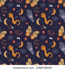 Seamless pattern with mystical and esoteric elements. Vector graphics on a black background, perfect for wallpaper, wrapping paper, for designing prints on textiles, clothes, mugs, pillows.