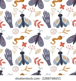 Seamless pattern with mystical and esoteric elements. Vector graphics on a white background, perfect for wallpaper, wrapping paper, for designing prints on textiles, clothes, mugs, pillows.