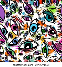 Seamless pattern mystical eyes and blots. Seamless background of people's eyes. Vector illustration Abstract witch look. Printing on fabric. Hand-drawn all-seeing divine eye.