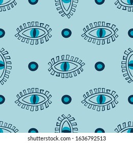 Seamless pattern with mystical eyes on a light background in a hand drawn style. Illustration with magic symbols for Wallpaper, fabric, textile, packaging paper design. Vector