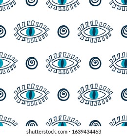 Seamless pattern with mystical eyes on a light background in a hand drawn style. Illustration with magic symbols for Wallpaper, fabric, textile, packaging paper design. Vector