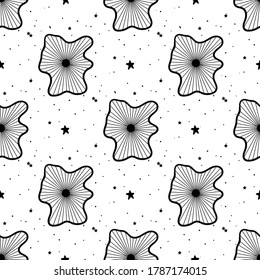 Seamless Pattern Mystical flowers with stars. Hand drawn astrology symbol. For print for T-shirts and bags, decor element. Mystical and magical, astrology illustration