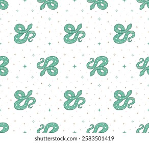 Seamless pattern with mystical green snake and magical abstract Y2K figures, stars on transparent background. Perfect for fabric design, packaging, astrology, wrapping paper. Vector Illustration in