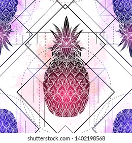 Seamless pattern with mystical illustration of pineapples with a contour drawing and pink watercolor splashes. Texture with magic triangular drawing. Vector background for textile and your creativity.