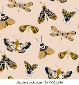 Seamless pattern with mystical insects, bug, moth, butterfly. Editable vector illustration