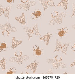 Seamless pattern with mystical insects, butterfly, bugs and spider. Editable vector illustration