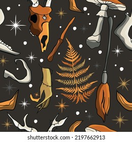 Seamless pattern of mystical and magical elements. Vector illustration. Items for divination and magic. Mushrooms, ferns, skulls, horns, hand, magic wand, moon. A symbol of witchcraft.