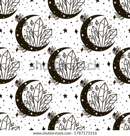 Seamless Pattern Mystical moon with crystal and stars. Stars, constellations, moon, crystals. Hand drawn astrology symbol. For print for T-shirts and bags, decor element. Mystical and magical