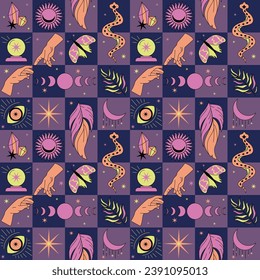 Seamless pattern Mystical moon icons phases and hands and moth, alchemy esoteric, vector neon isolated on black background. Pattern with stars, moon, snake, mystic glass ball, eye, feather. Hand drown