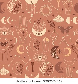 Seamless pattern Mystical moon phases and woman hands and moth, alchemy esoteric magic space, vector isolated on beige pink background