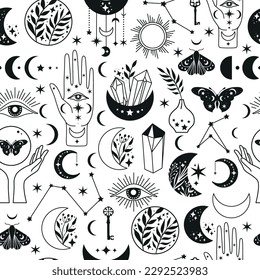 Seamless pattern Mystical moon phases and woman hands and moth, alchemy esoteric magic space, vector isolated on white background