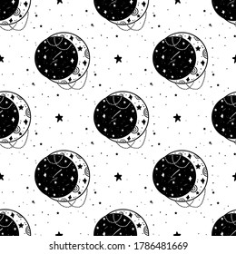 Nahtlose Muster Mystischer Mond mit Sternen. Sterne, Sternbilder, Mond, Kristalle. Handgezeichnetes Astrologie-Symbol. Für Druck für T-Shirts und Taschen, Dekorelement. Mystisch und magisch