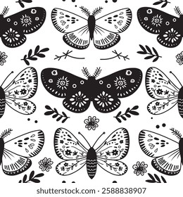 seamless pattern with mystical moth in boho style. vector doodle illustration.