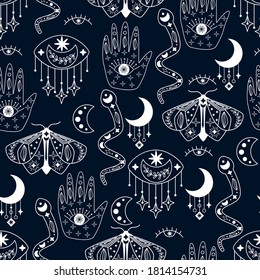 seamless pattern with mystical moth and snake - vector illustration, eps