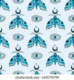 Seamless pattern with mystical moths and eyes on a light background in a hand drawn style. Illustration with magic symbols for Wallpaper, fabric, textile, packaging paper design. Vector