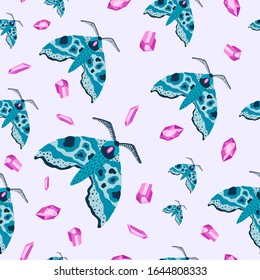 Seamless pattern with mystical moths and pink crystal on a light background in a hand drawn style. Illustration with magic symbols for Wallpaper, fabric, textile, packaging paper design. Vector