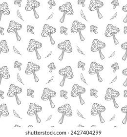 Seamless pattern of Mystical mushrooms with feathers. Hand drawn line art. Magic vector pattern wrapping paper on white background