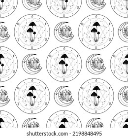 Seamless pattern with mystical mushrooms. Forest, autumn, mushrooms, silhouette, harvest. Vector.