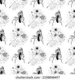 Nahtloses Muster mit mystischen Pilzen. Wald, Herbst, Pilze, Silhouette, Ernte. Vektorgrafik.