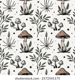 Seamless pattern with mystical mushrooms and plants in boho style. Hand drawn repeating vector background with fly agaric and leaves, forest motif for packaging, textile, print, template, card