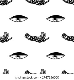 un patrón impecable de artículos misteriosos y místicos. manos humanas con tatuajes y el ojo de un pájaro de presa. Los objetos minimalistas están hechos al estilo de una dimisión plana. Ilustraciones vectoriales editables.