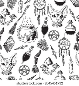 Seamless pattern with mystical and mysterious objects. drawing in the sketch style. vector illustration