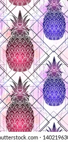Seamless pattern with mystical pineapples with a contour drawing and pink watercolor splashes in a row. Texture with magic triangular drawing. Vector background for textile and your creativity.