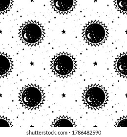 Seamless Pattern Mystical planet with stars and moon. Stars, constellations, moon. Hand drawn astrology symbol. For print for T-shirts and bags, decor element. Mystical and magical