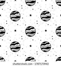 Seamless Pattern Mystical planet with stars and moon. Stars, constellations, moon. Hand drawn astrology symbol. For print for T-shirts and bags, decor element. Mystical and magical