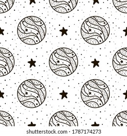 Seamless Pattern Mystical planet with stars and moon. Stars, constellations, moon. Hand drawn astrology symbol. For print for T-shirts and bags, decor element. Mystical and magical
