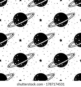 Seamless Pattern Mystical planet with stars and moon. Stars, constellations, moon. Hand drawn astrology symbol. For print for T-shirts and bags, decor element. Mystical and magical