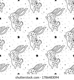 Seamless Pattern Mystical rabbit with moon and stars. Rabbit animal magic drawing line. Can be used as easter greeting card, phone case, tattoo, coloring book illustration.
