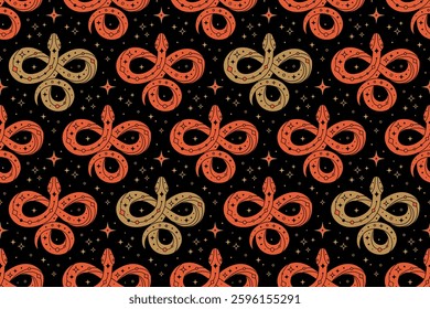 Seamless pattern with mystical red ang golden snakes on black background Perfect for fabric design, packaging, astrology, wrapping paper. Vector Illustration in flat style