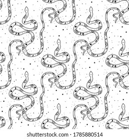 Seamless Pattern Mystical snake with moon and stars. Magic alchemy snake design cartoon style. Mystic, alchemy, occult concept.