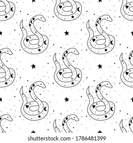 Seamless Pattern Mystical snake with moon and stars. Magic alchemy snake design cartoon style. Mystic, alchemy, occult concept.