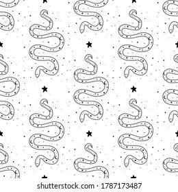 Seamless Pattern Mystical snake with moon and stars. Magic alchemy snake design cartoon style. Mystic, alchemy, occult concept.