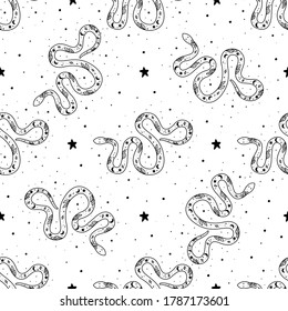 Seamless Pattern Mystical snake with moon and stars. Magic alchemy snake design cartoon style. Mystic, alchemy, occult concept.