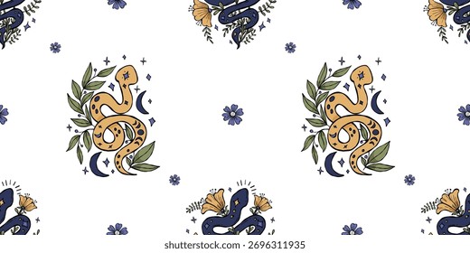 Seamless Pattern with Mystical Snakes, Moon and Flowers on White Background. Repeating Textured Hand Drawing Doodle. Vector horizontal illustration. Not AI