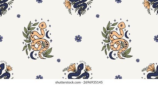 Seamless Pattern with Mystical Snakes, Moon and Flowers on White Background. Repeating Textured Hand Drawing Doodle. Vector horizontal illustration. Not AI