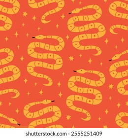 Seamless pattern with mystical snakes and stars. Vector flat background. Symbol of the new year