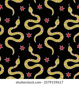Seamless pattern with mystical snakes and stars in doodle style on a black background. Symbol of 2025 according to the Chinese calendar