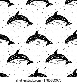 Patrón de ballena mística sin foco con luna y estrellas. Estrellas, constelaciones, luna. Símbolo de astrología dibujado a mano. Para imprimir camisetas y bolsos, elemento decorativo. Místico y mágico