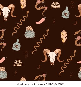 Seamless pattern with mystical, wild west and Mexican elements. Buffalo skull, cactus, pepper, snake, feather, snake and doodle. Editable vector illustration.