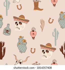 Seamless pattern with mystical, wild west and Mexican elements. Skull in Mexican hat, cactus, horseshoe, heart, buffalo skull. Editable vector illustration.