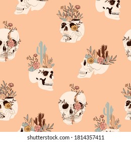 Seamless pattern with mystical, wild west and Mexican elements. Skull, cactus, plants. Editable vector illustration.